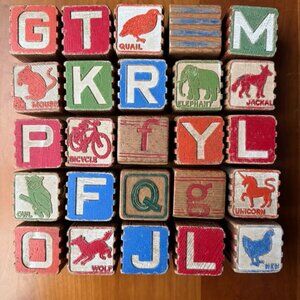 Set of 25 Vintage Wooden Alphabet & Picture Blocks